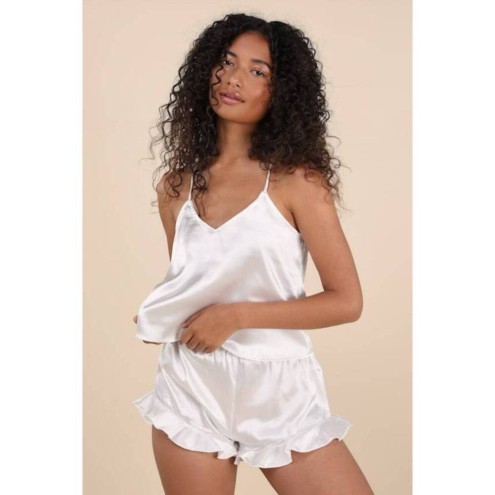 Lulus Sweetest Dreams Ivory Satin Ruffled Two-piece Pajama Set White BRIDAL SET